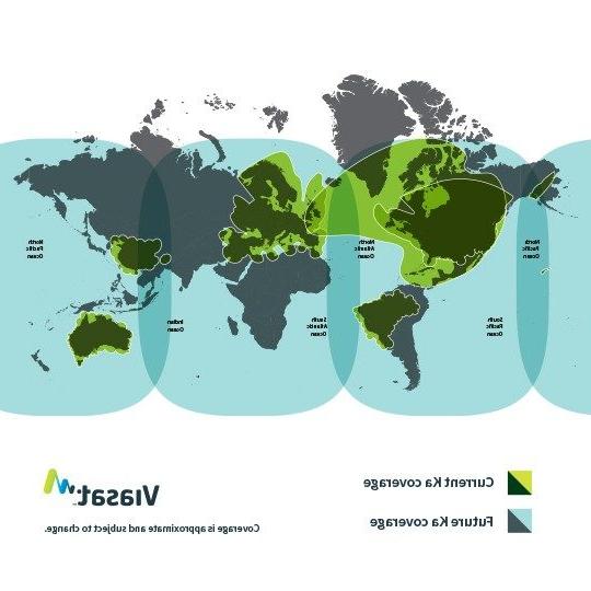 展示Viasat当前和未来Ka覆盖范围的平面世界地图, 覆盖范围大致，可能会有变化